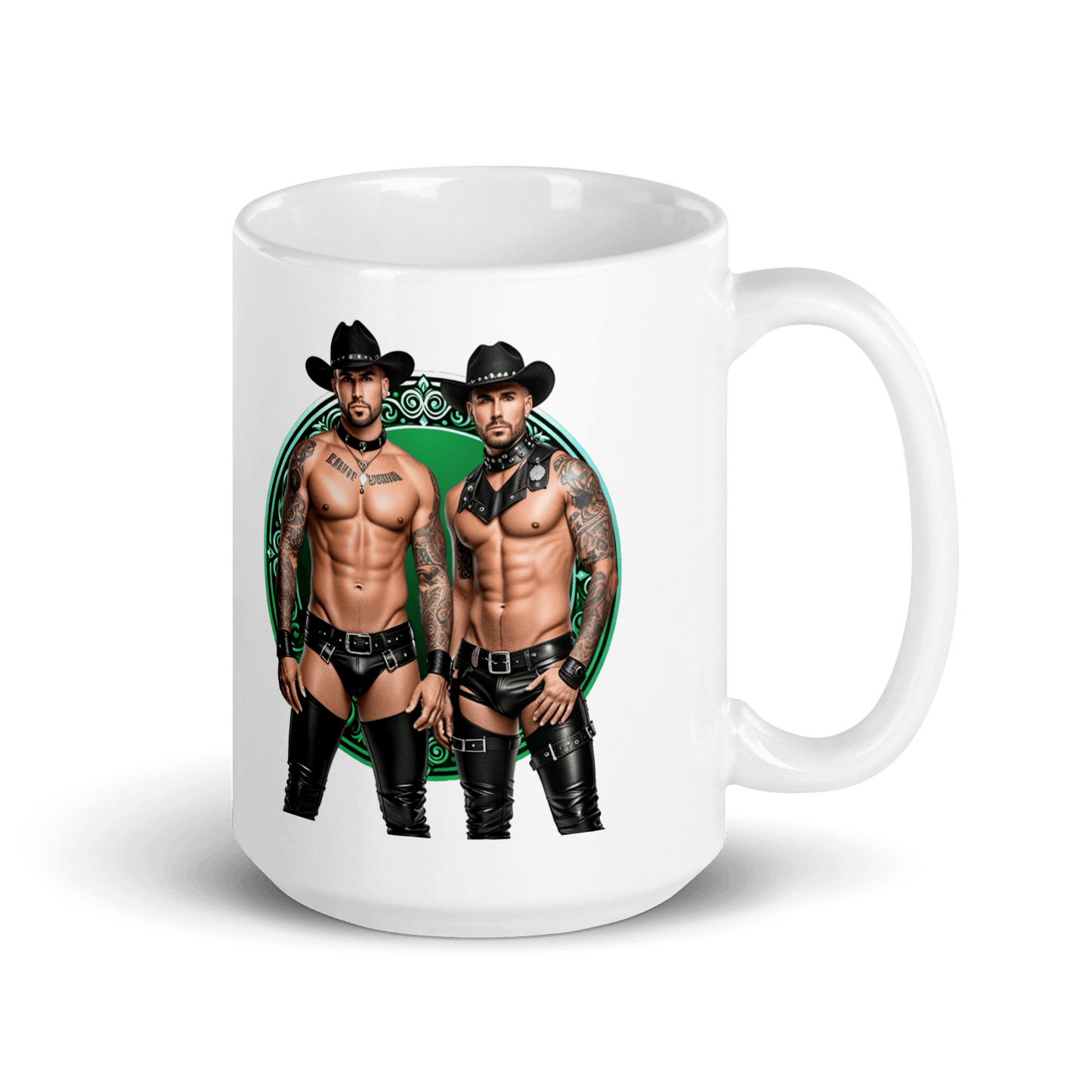 Haus Of Zodiac Mug | Leathermen Fin & Cade (Gemini) featuring two muscular men in cowboy hats.