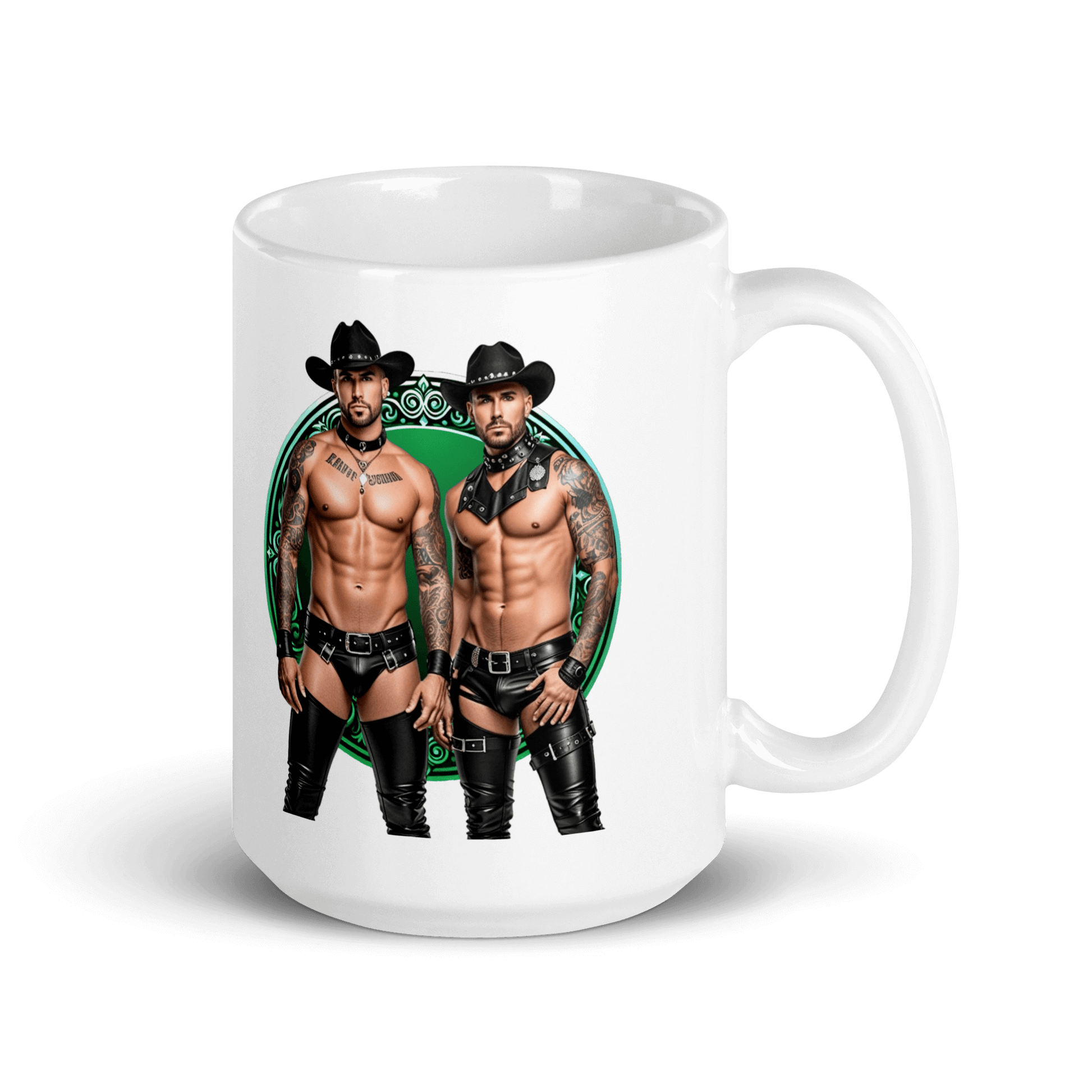 Haus Of Zodiac Mug | Leathermen Fin & Cade (Gemini) featuring two muscular men in cowboy hats.