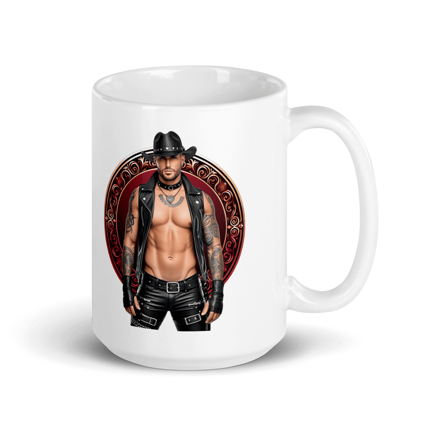 Haus Of Zodiac Mug | Leatherman Blaze (Aries) featuring a stylish man in leather and a cowboy hat.
