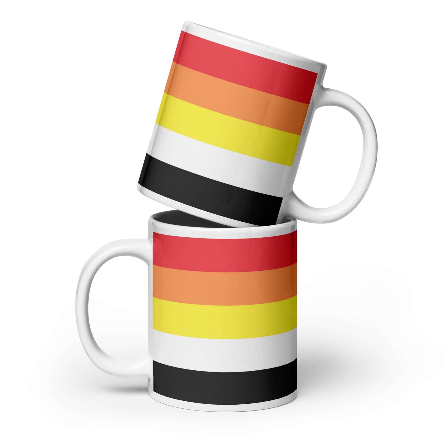 Lithosexual Pride Mug featuring vibrant stripes in red, orange, yellow, black and white, perfect for every beverage.