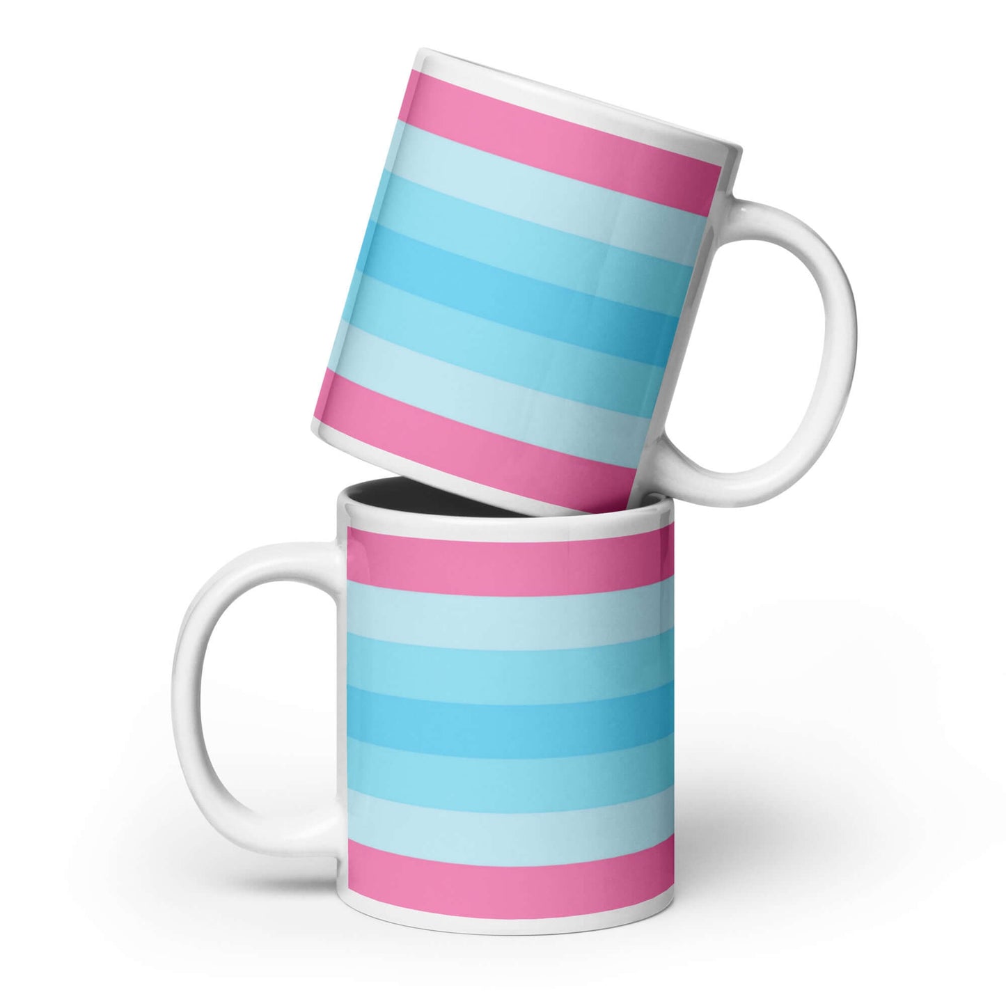 Transmasc Pride Mug featuring pink and blue stripes, perfect for any beverage.