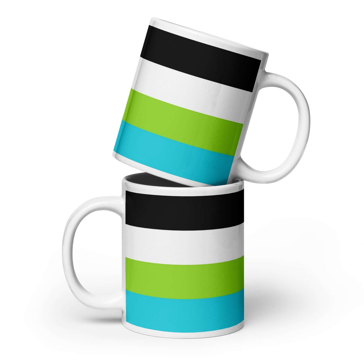 Quoisexual Pride Mug featuring bold stripes in black, white, green, and blue, perfect for coffee or tea.