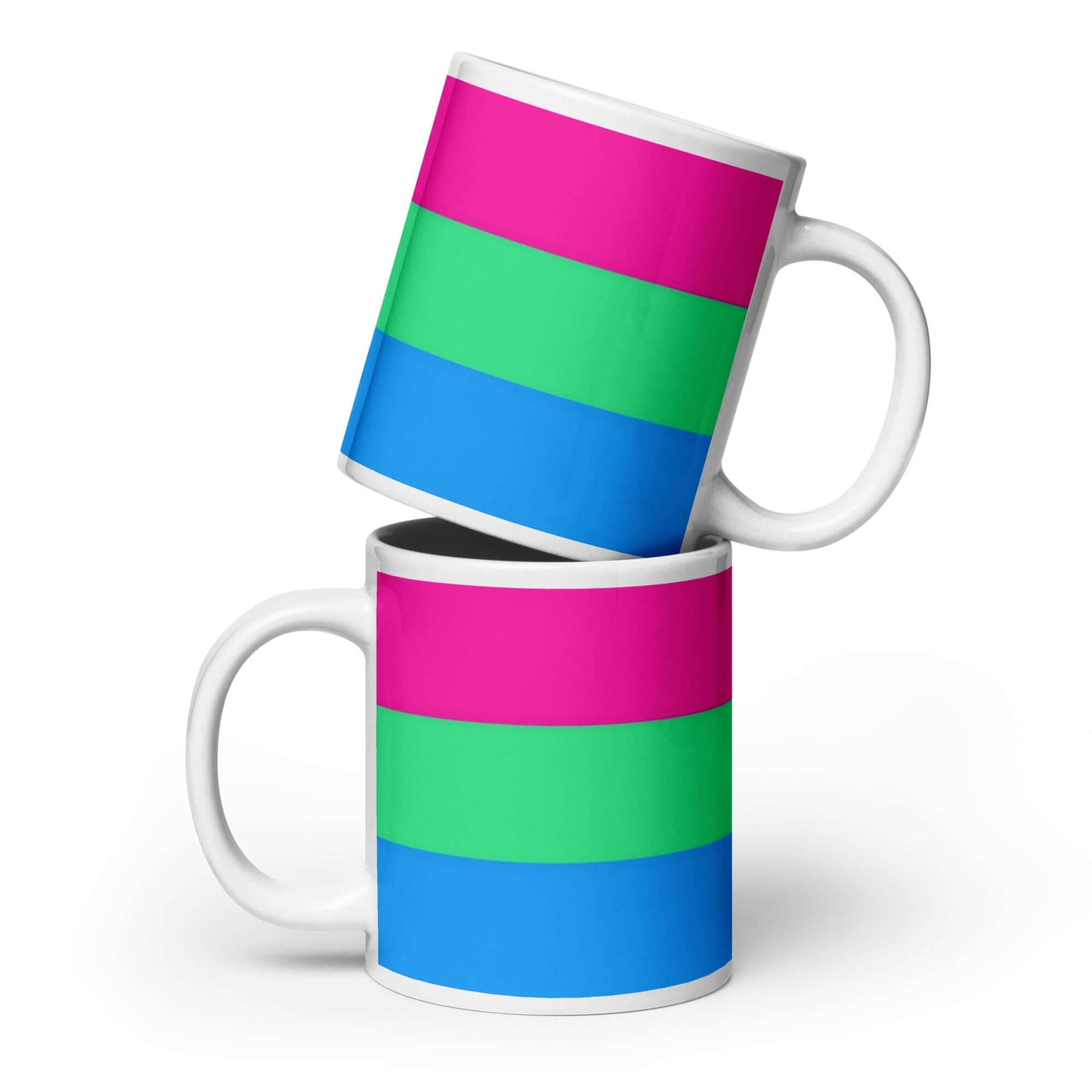 Polysexual Pride Mug featuring vibrant colors in pink, green, and blue, ideal for enjoying your favorite beverages.