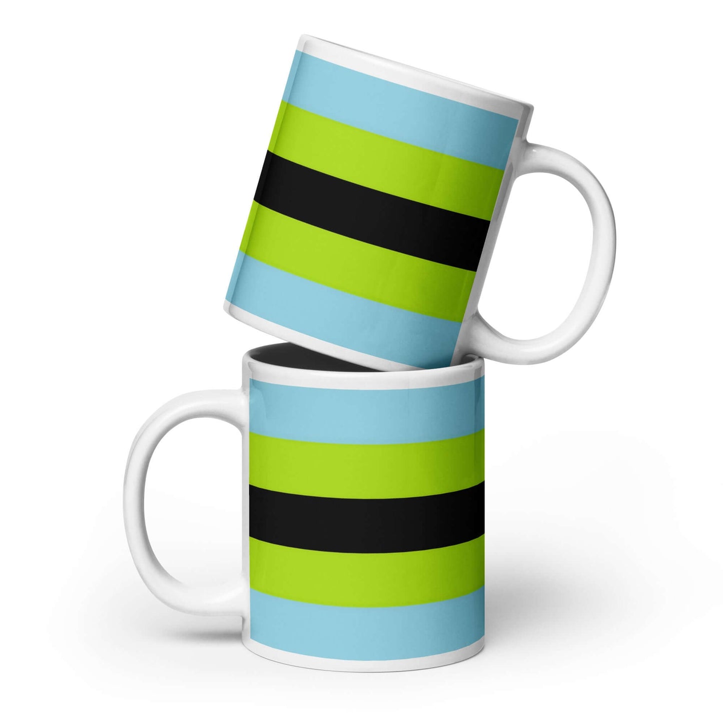 Quoigender Pride Mug with vibrant blue, green, and black stripes, perfect for coffee or tea.