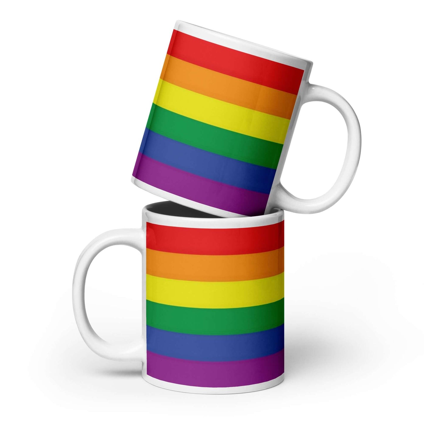 Traditional Pride Mug featuring colorful rainbow stripes, ideal for coffee or tea.