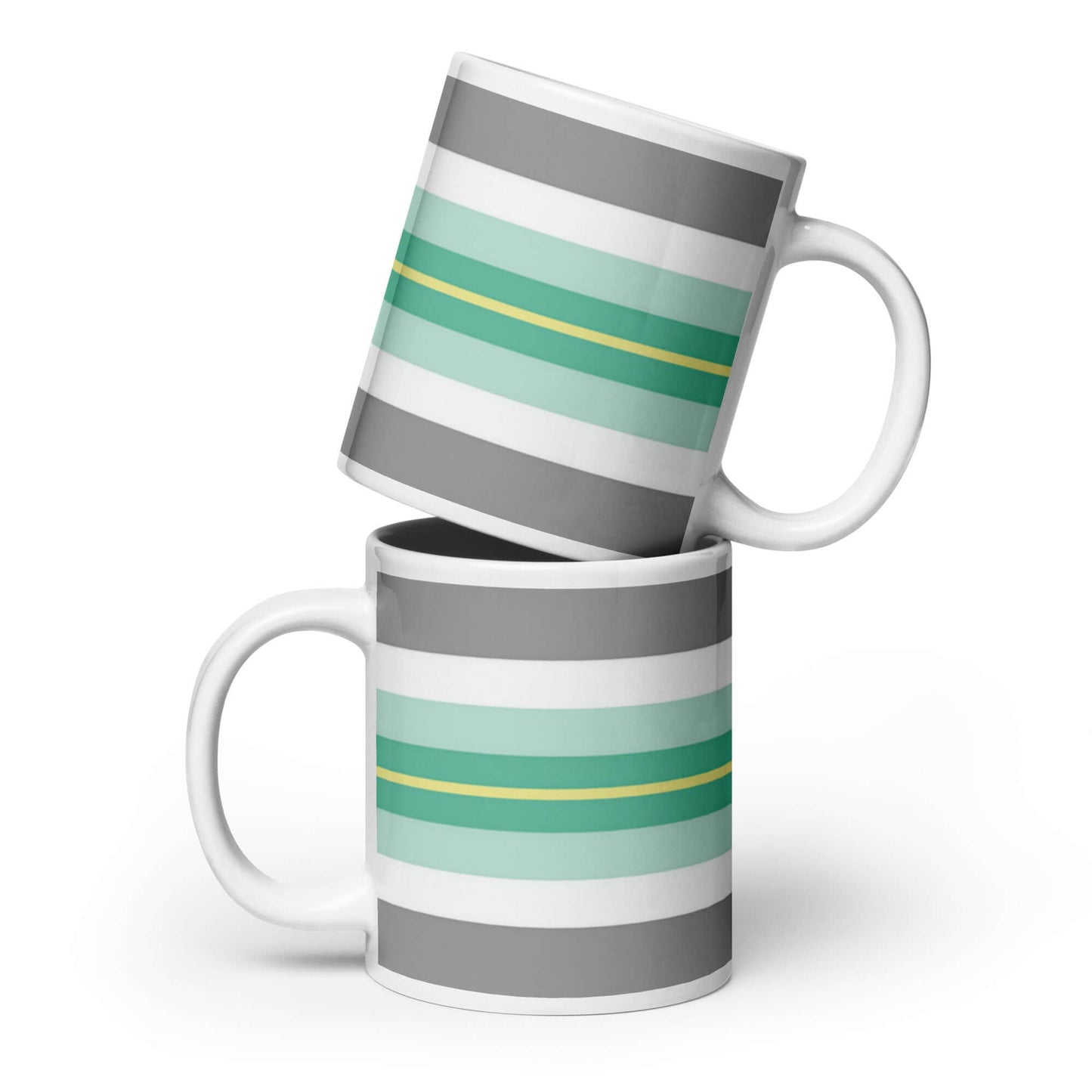 Paragender Pride Mug featuring striped design in green, gray, and white, perfect for coffee or tea.