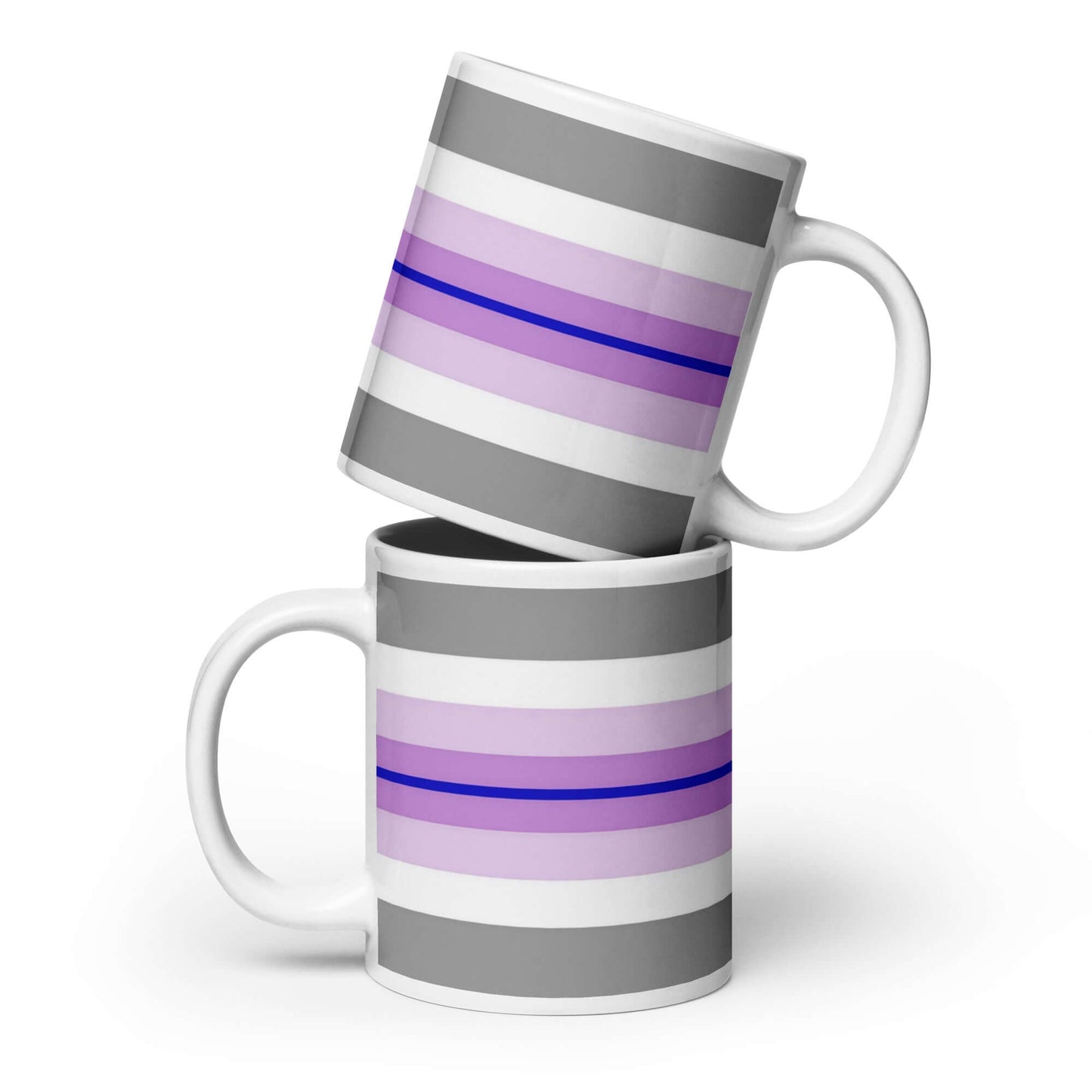 Paraboy Pride Mug displaying vibrant striped design in gray, purple, and blue colors, featuring a sturdy ceramic build.