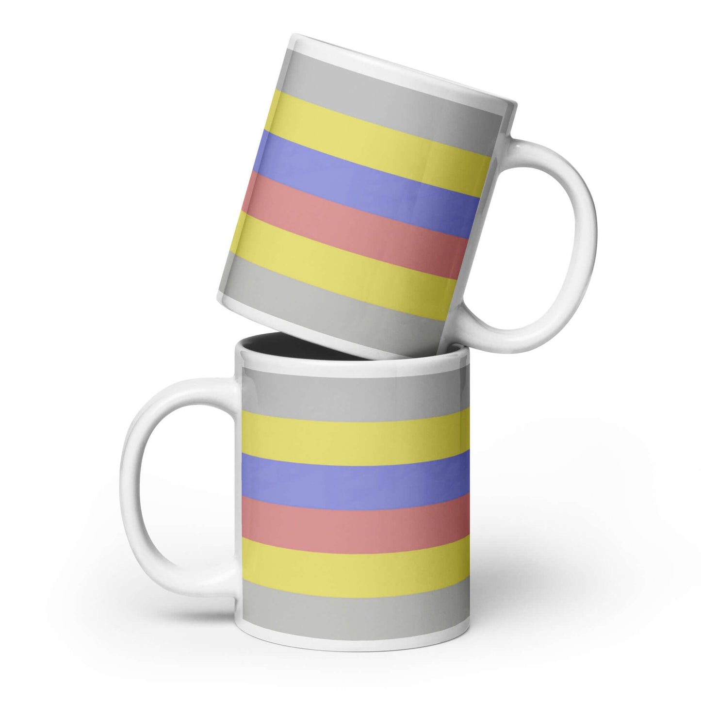 Pivotgender Pride Mug featuring colorful stripes in yellow, blue, pink, and gray, perfect for coffee or tea.