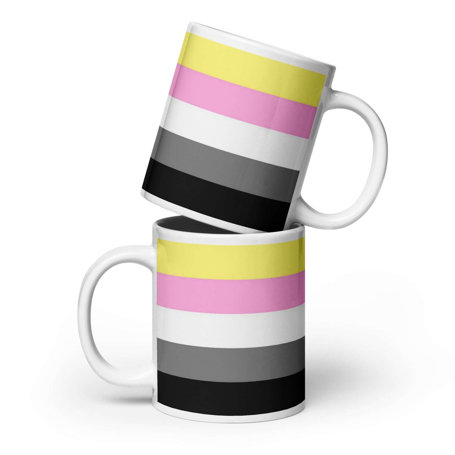 Queerplatonic Pride Mug design featuring vibrant stripes in yellow, pink, gray, and black on ceramic mugs.