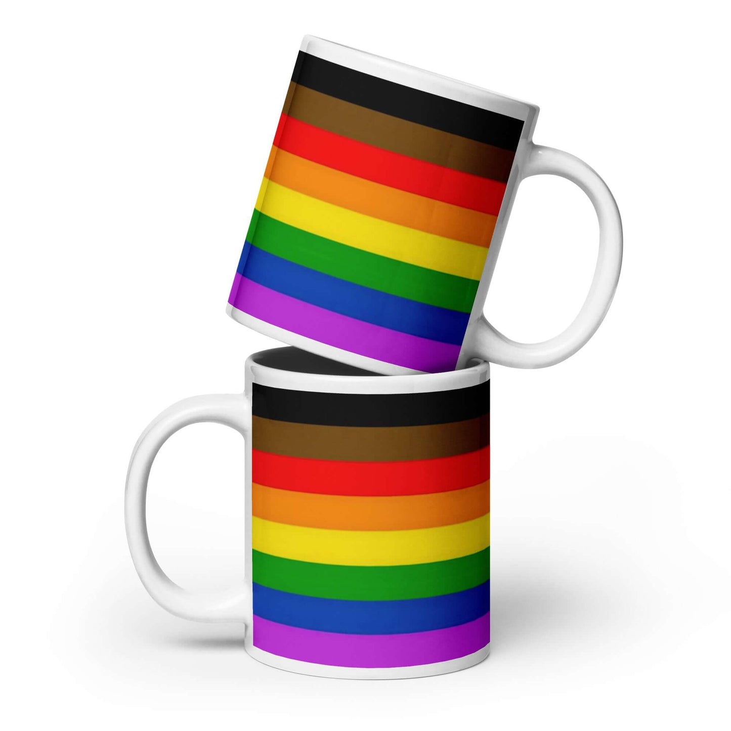 Philadelphia (People Of Color) Inclusive Pride Mug featuring colorful rainbow stripes on ceramic mugs.