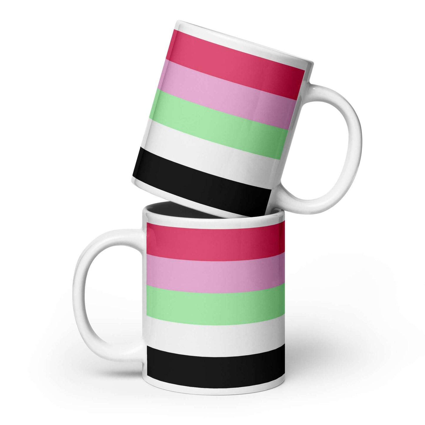 Recipromantic Pride Mug featuring vibrant stripes in pink, green, and black on two ceramic mugs.