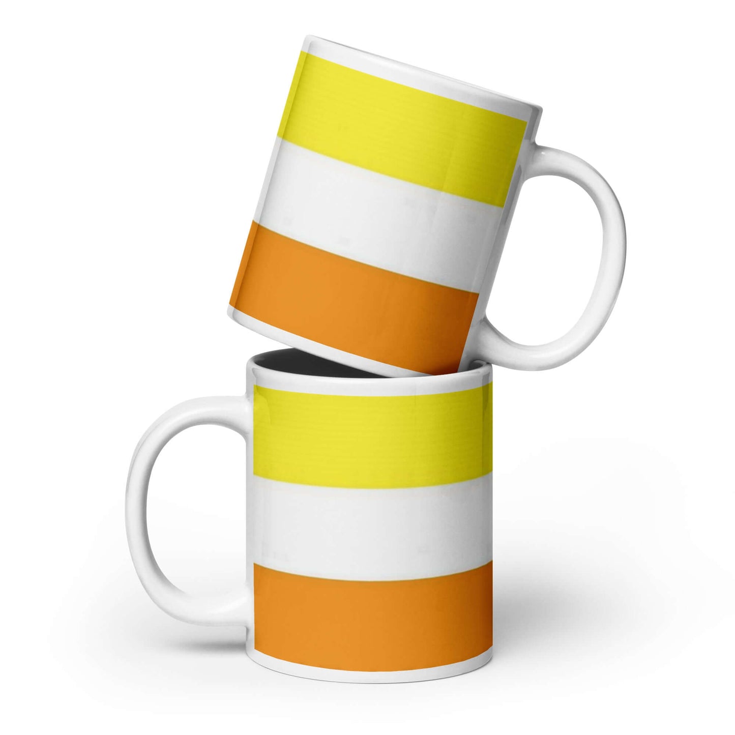 Maverique Pride Mug seen in stacked arrangement with vibrant yellow, white, and orange stripes.