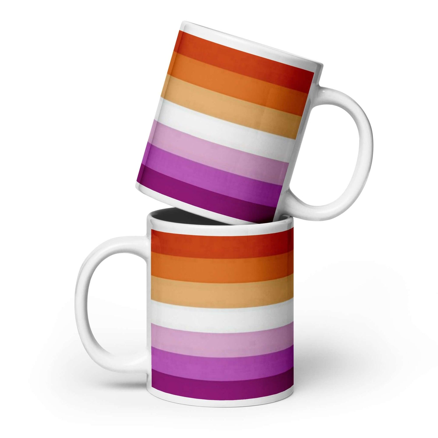 Lesbian Pride Mug with vibrant rainbow stripes in orange, pink, and purple, perfect for coffee or tea.
