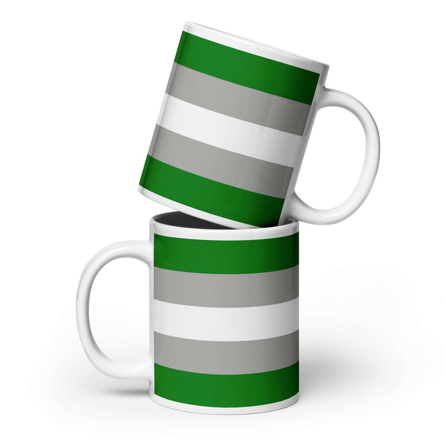 Grayromantic Pride Mug featuring green and gray striped design, perfect for coffee or tea.
