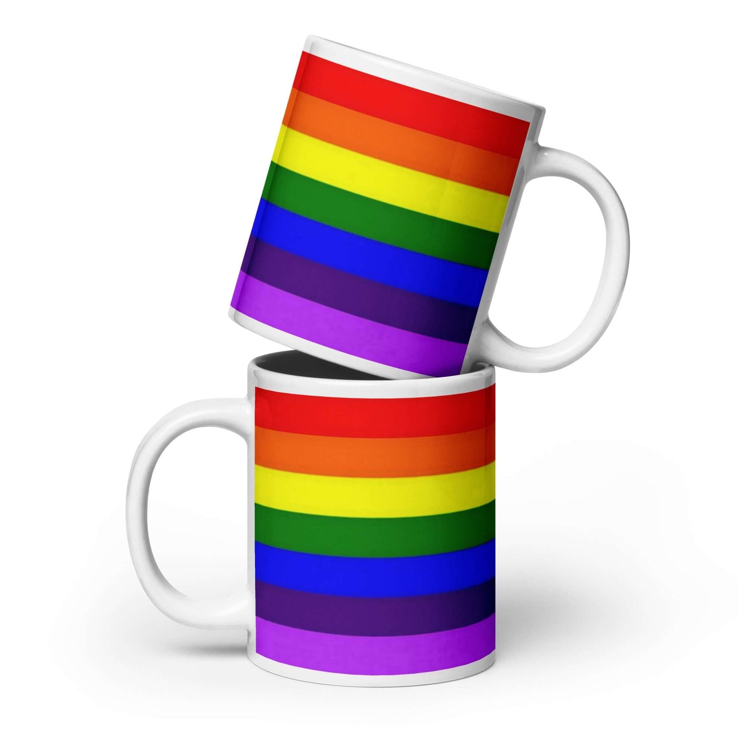 Gilbert Baker (Adapted Version) Pride Mug featuring vibrant rainbow stripes in a stacked arrangement.