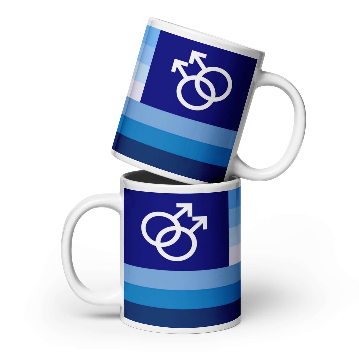 Gay Men IV Pride Mug with blue gradient and interlocking male symbols for LGBTQ+ pride.