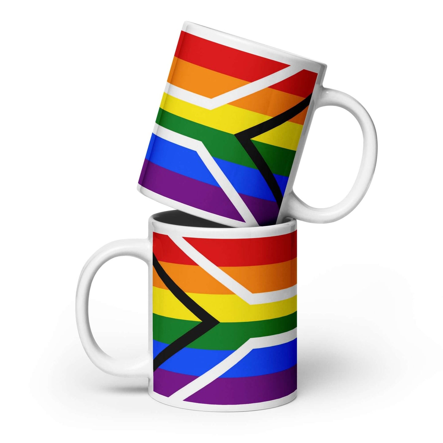South African Pride Mug featuring a vibrant design of the South African flag with rainbow colors.