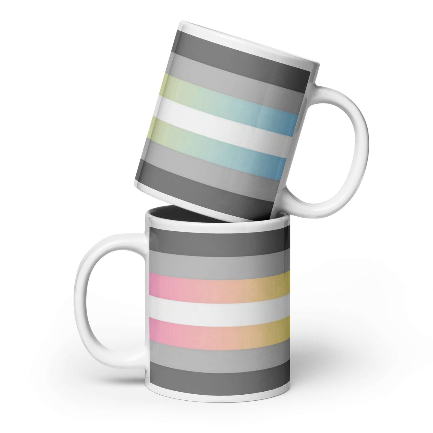 Demifluid Pride Mug featuring vibrant stripes in a stacked arrangement on a white background.