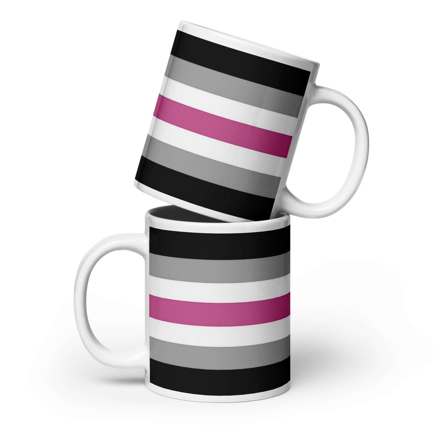 Librafemme Pride Mug design featuring bold stripes in pink, gray, and black, perfect for coffee or tea.