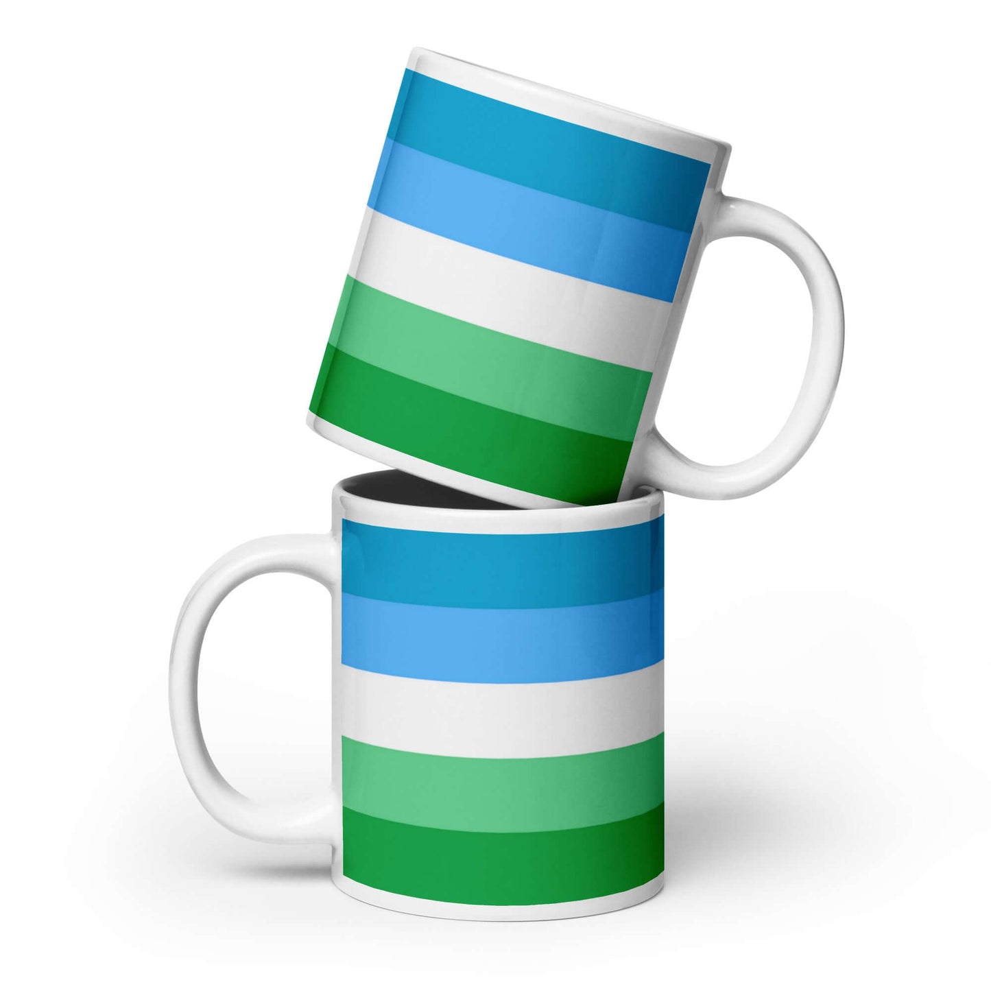 Gay Men III Pride Mug featuring a colorful striped design in blue and green.