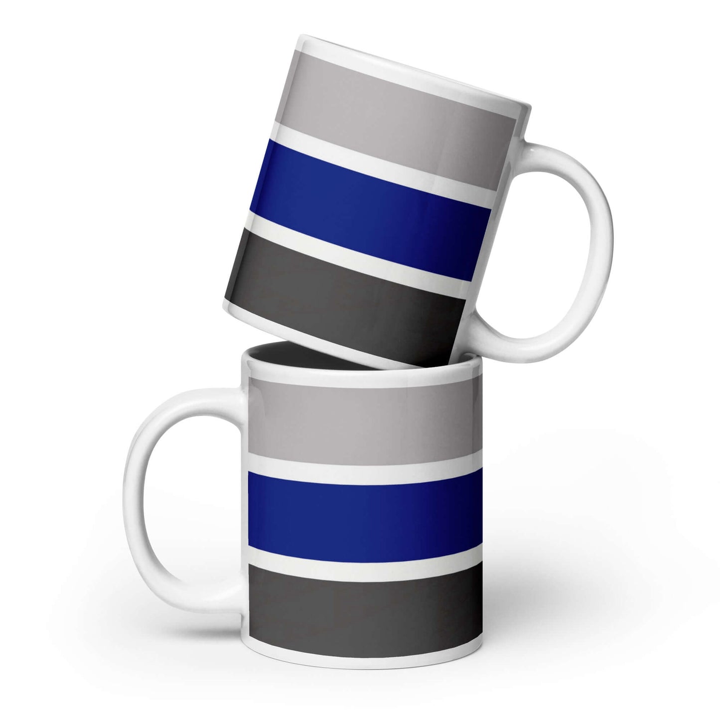 Graygender Pride Mug featuring gray, blue, and dark gray stripes, perfect for coffee or tea.