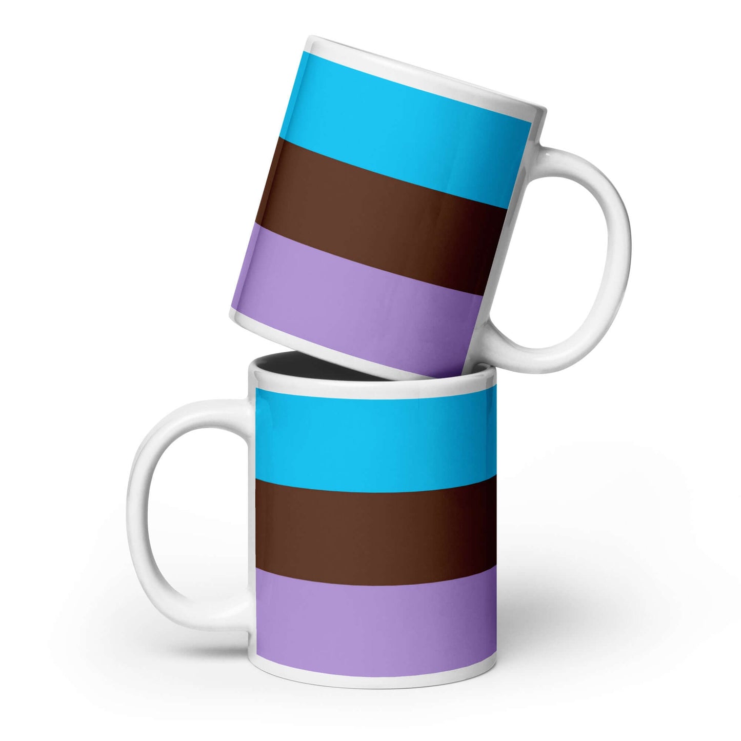 Androsexual Pride Mug featuring vibrant blue, brown, and purple stripes, perfect for coffee or tea.