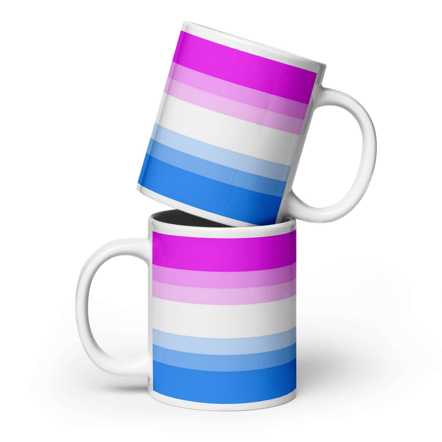 Bi-Curious Pride Mug featuring vibrant stripes in pink, white, and blue, stacked for a stylish display.