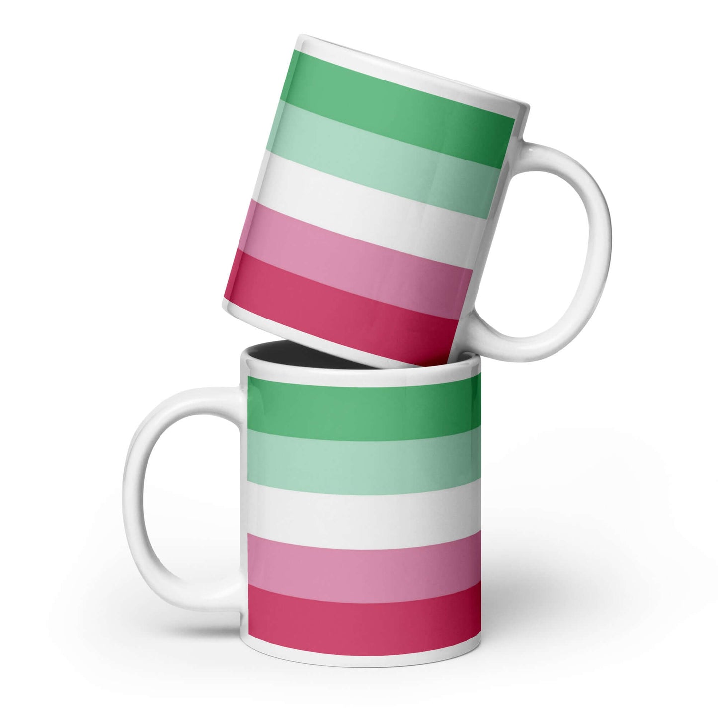 Abrosexual Pride Mug featuring a colorful striped design in green, pink, and white, perfect for any beverage.