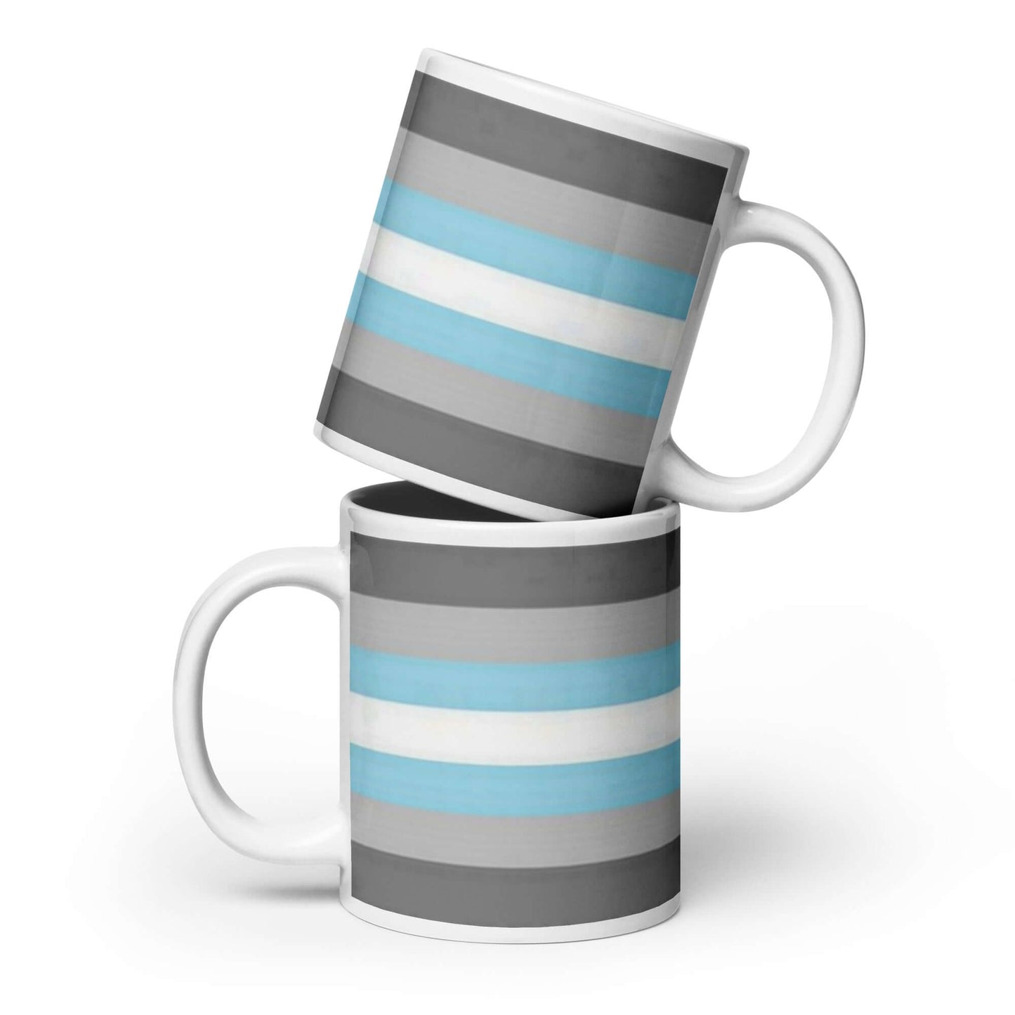 Demigender Demiboys Pride Mug featuring a vibrant striped design in shades of blue and gray.