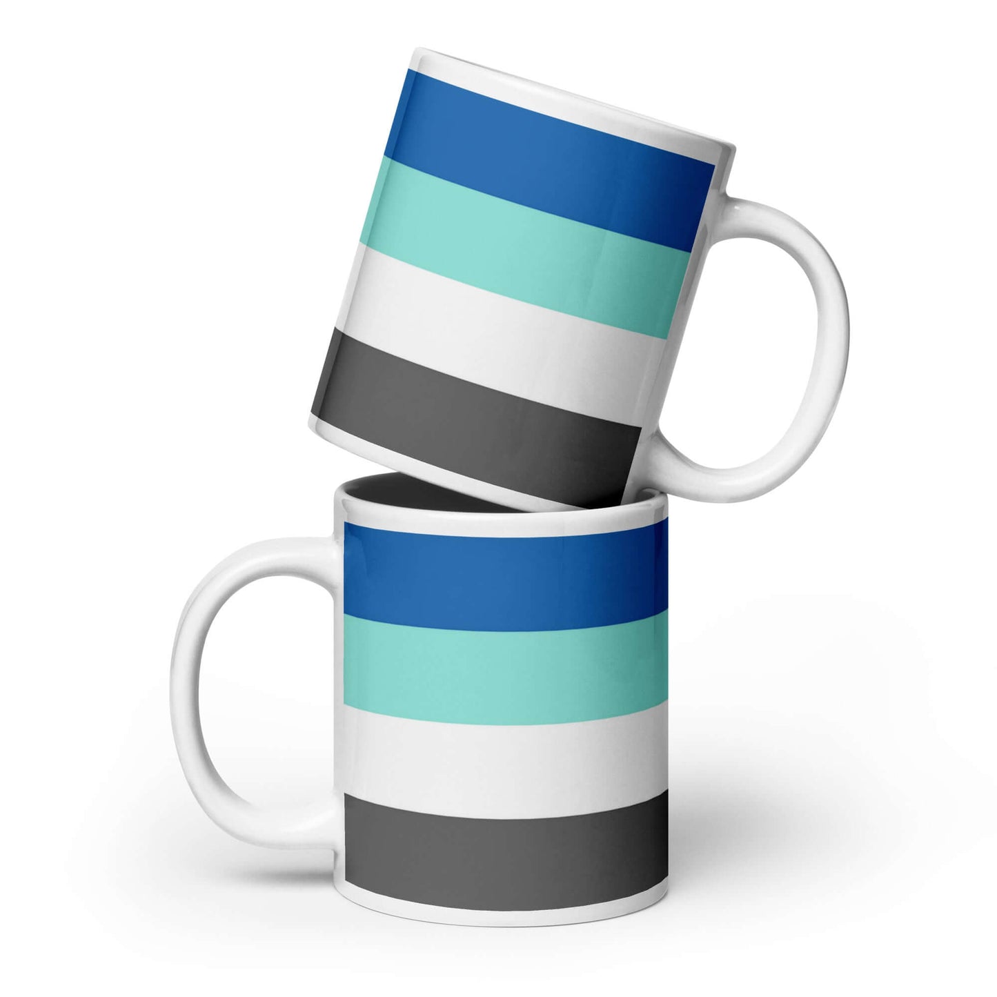 Freysexual Pride Mug in a stylish design with blue, teal, white, and gray color stripes.