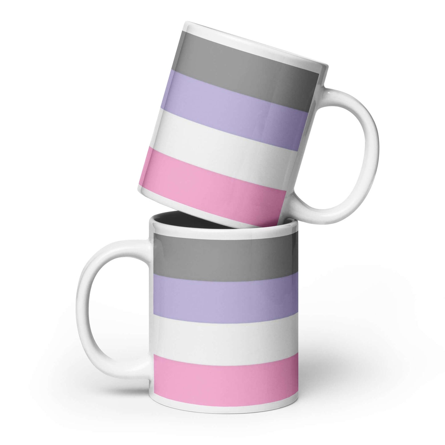 Cupiosexual Pride Mug featuring a vibrant stripe design in gray, lavender, white, and pink colors, perfect for coffee and tea.