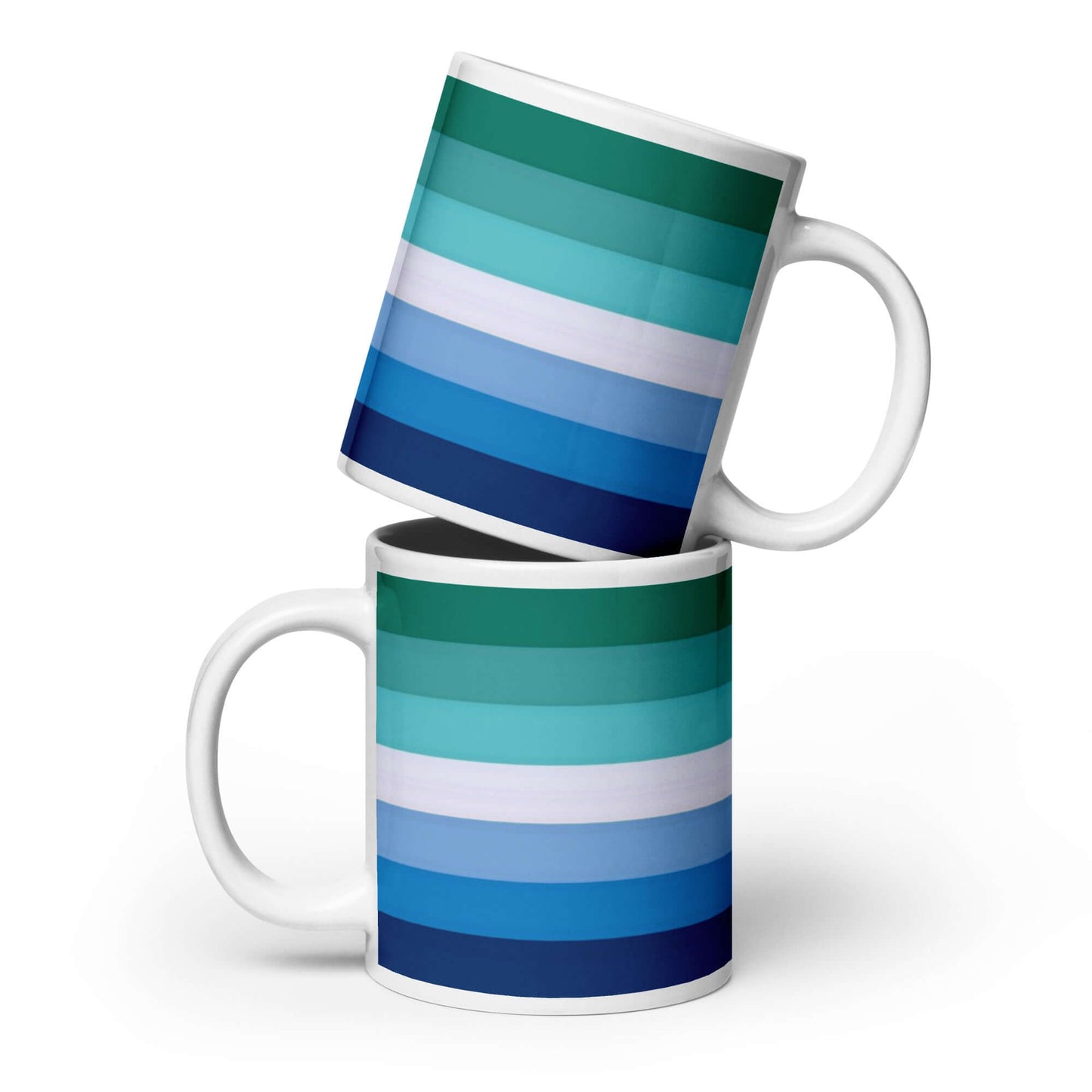 Gay Men II Pride Mug displayed with a vibrant striped design, perfect for coffee or tea. Dishwasher and microwave safe.