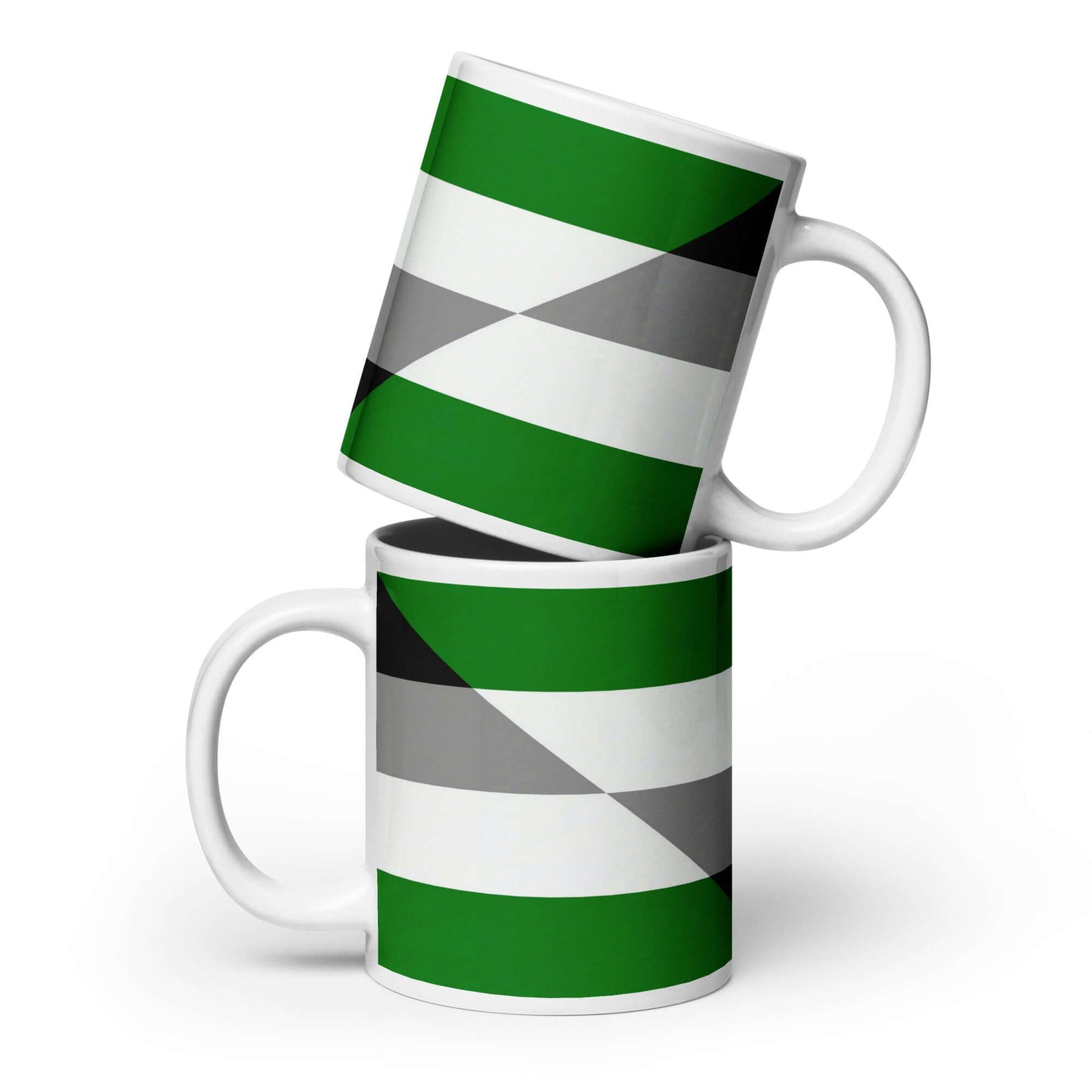 Aegoromantic Pride Mug featuring a green and gray geometric pattern, perfect for coffee or tea lovers.