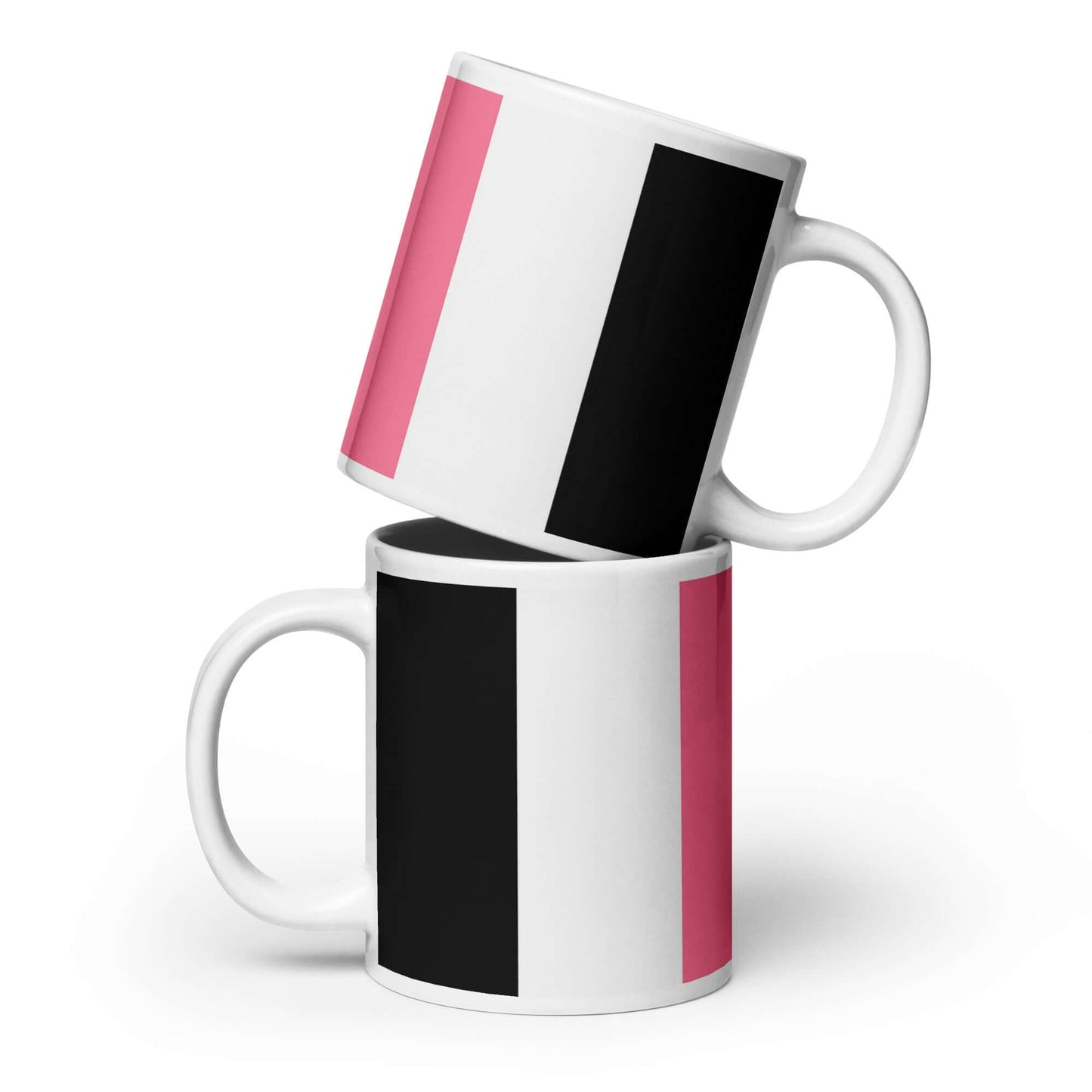 Two Femeric Pride Mugs, one stacked on top of the other, featuring a glossy design in pink and black.