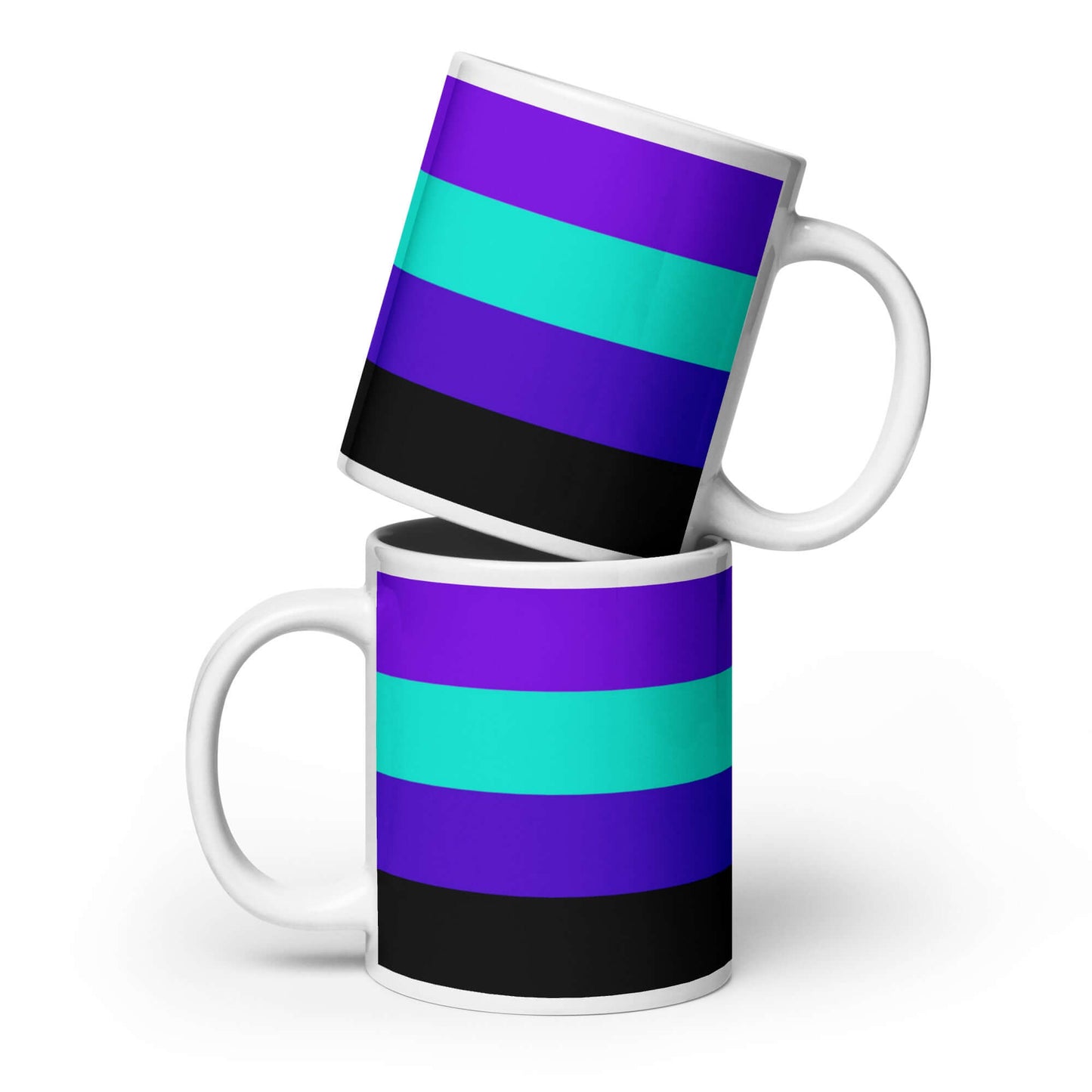 Alexigender Pride Mug featuring vibrant purple, turquoise, and black stripes, perfect for coffee or tea.