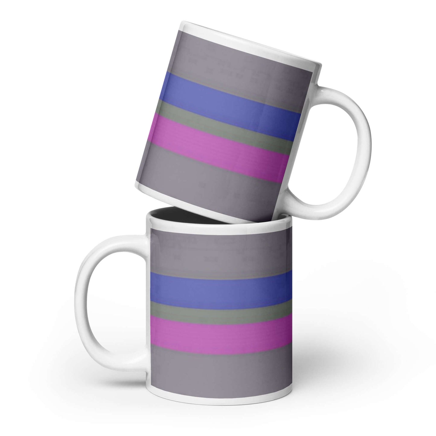 Androgynous Pride Mug featuring vibrant stripes in purple, green, and pink on a glossy ceramic surface.