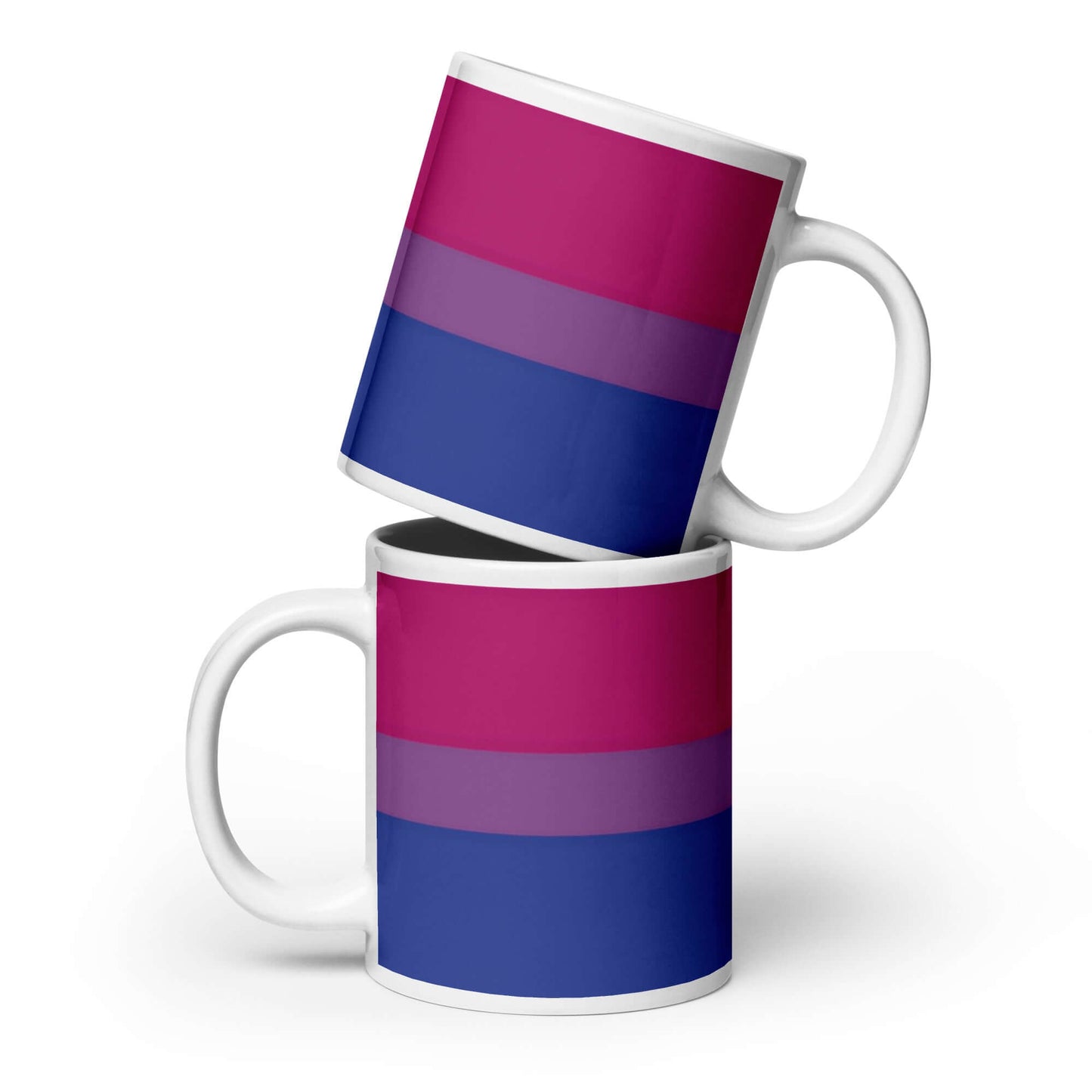 Bisexual Pride Mug featuring vibrant colors in a glossy finish, perfect for coffee or tea, microwave and dishwasher safe.