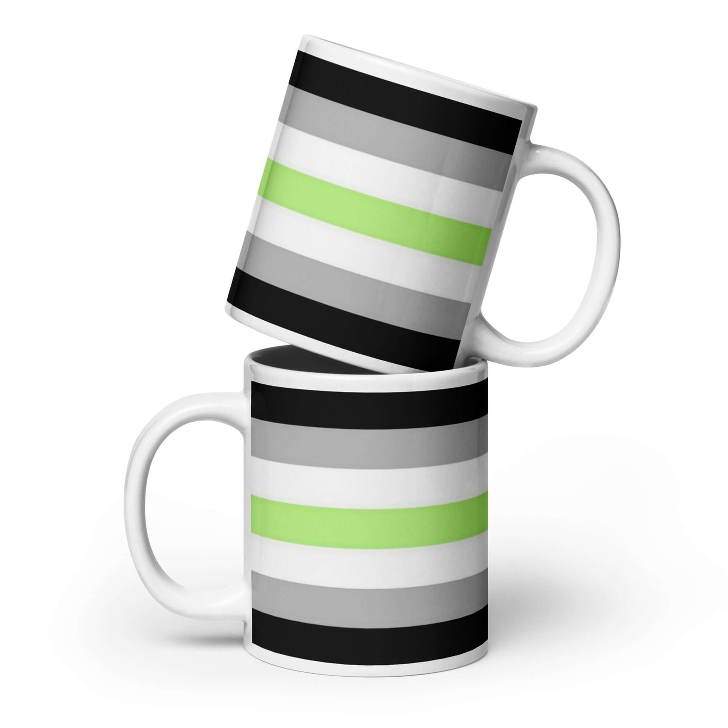 Agender Pride Mug design featuring black, gray, and green stripes, perfect for coffee or tea lovers.