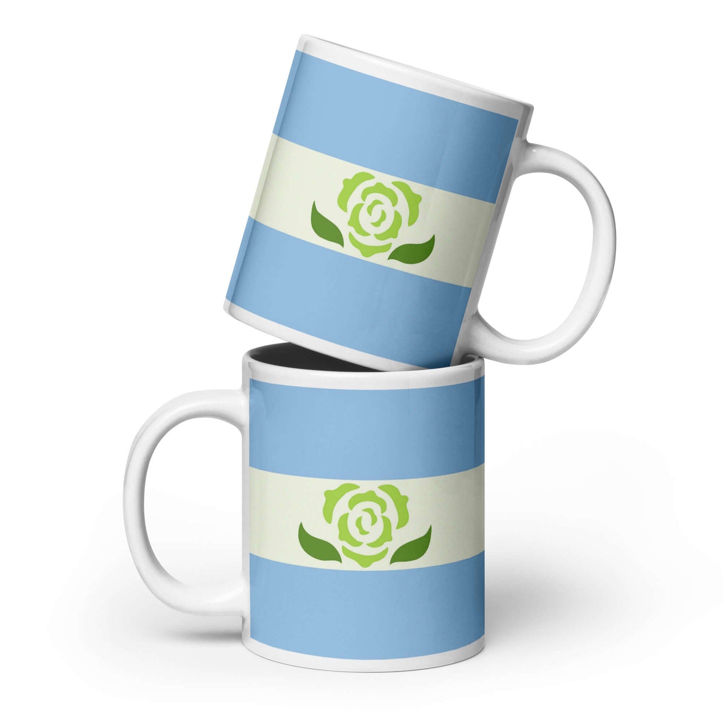 Achillean Pride Mug with a blue and white striped design featuring a green rose.
