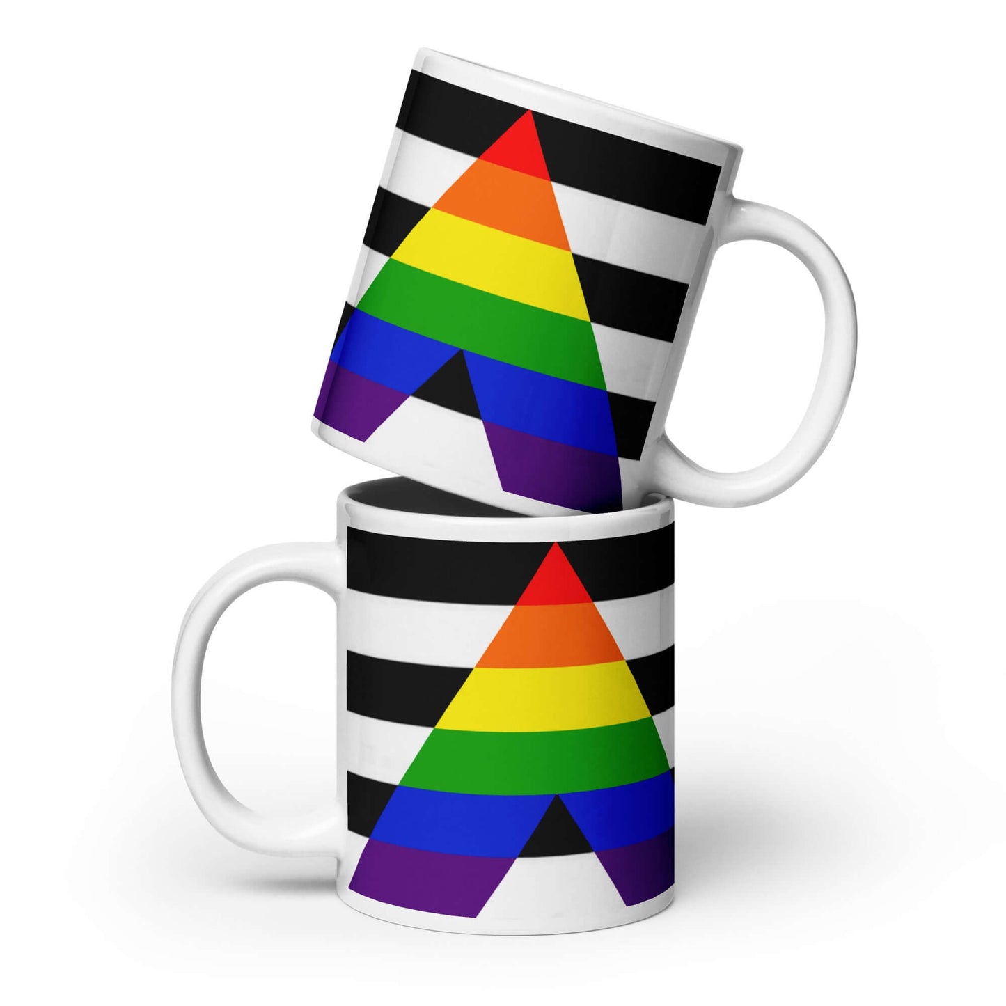 Two Straight Ally Pride Mugs featuring a vibrant rainbow triangle design on a striped background.