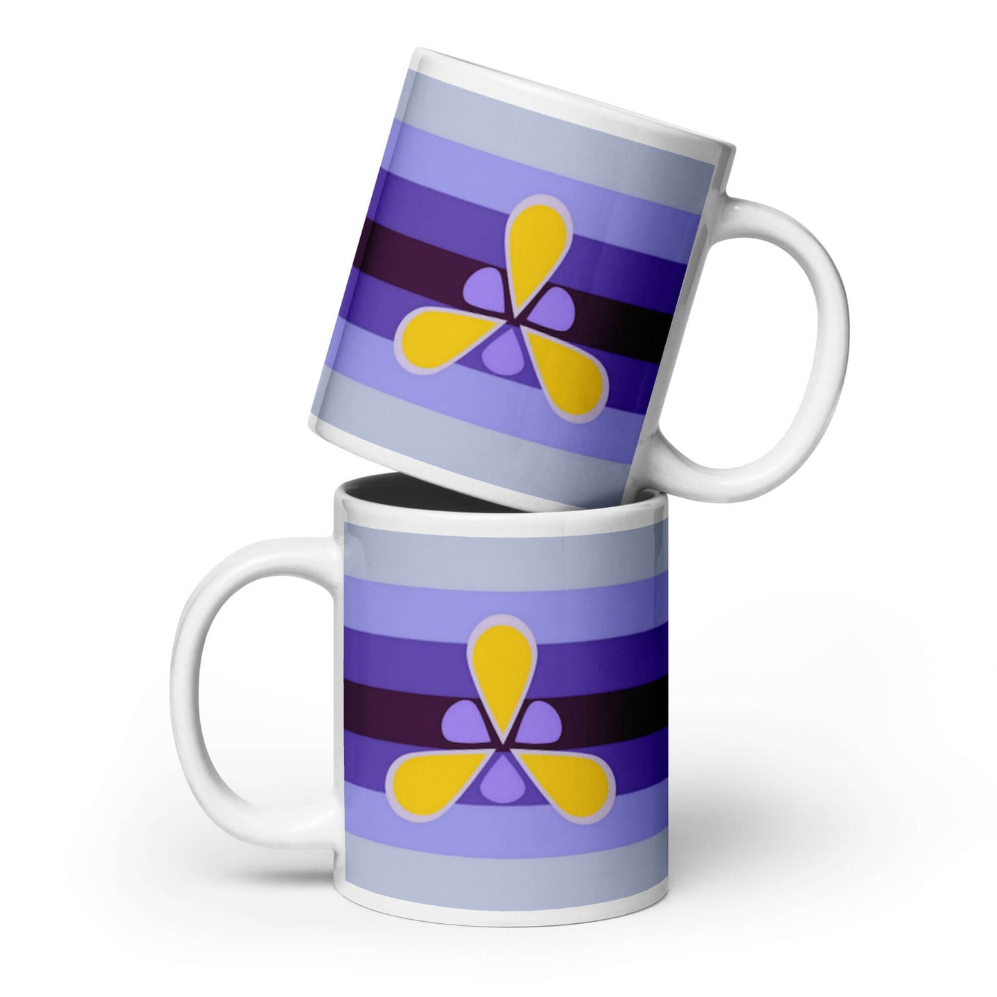 Xenogender Pride Mug featuring vibrant purple and yellow design on glossy ceramic surface.