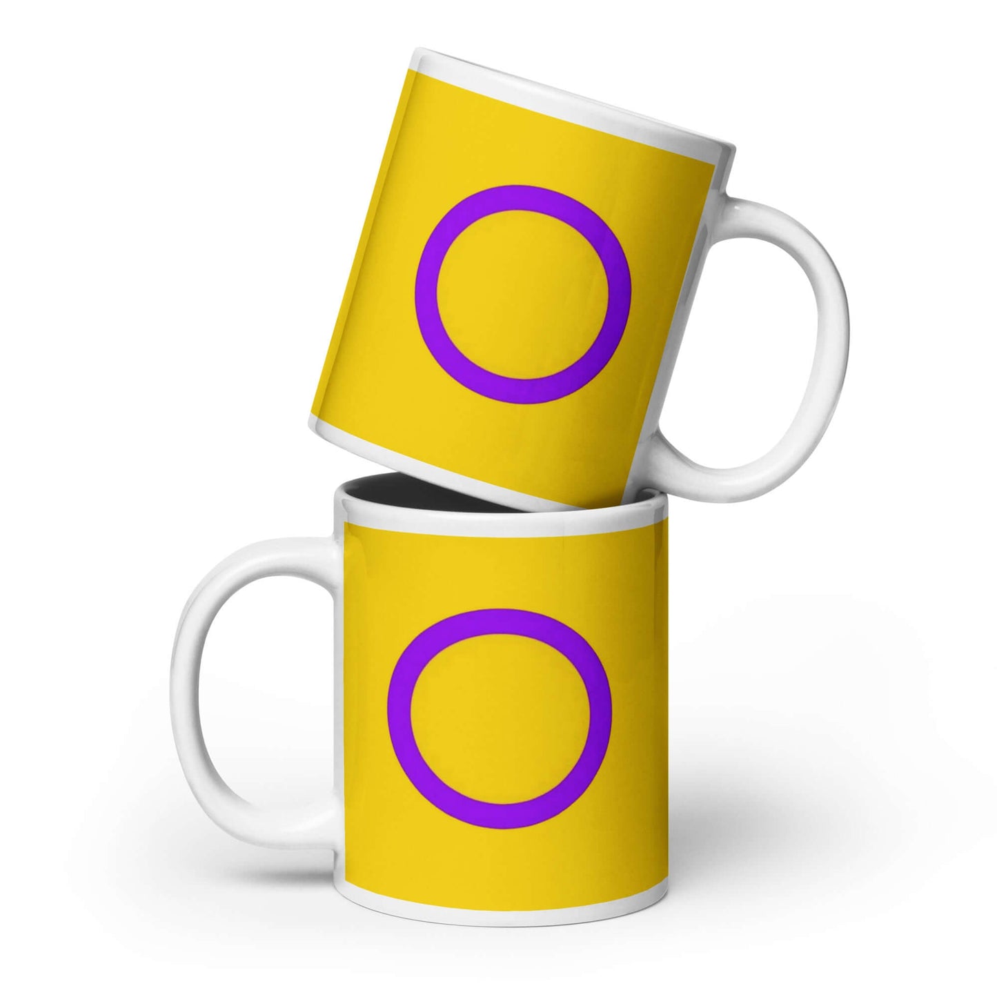 Intersex Pride Mug featuring a yellow background and purple circle design, perfect for all your favorite beverages.