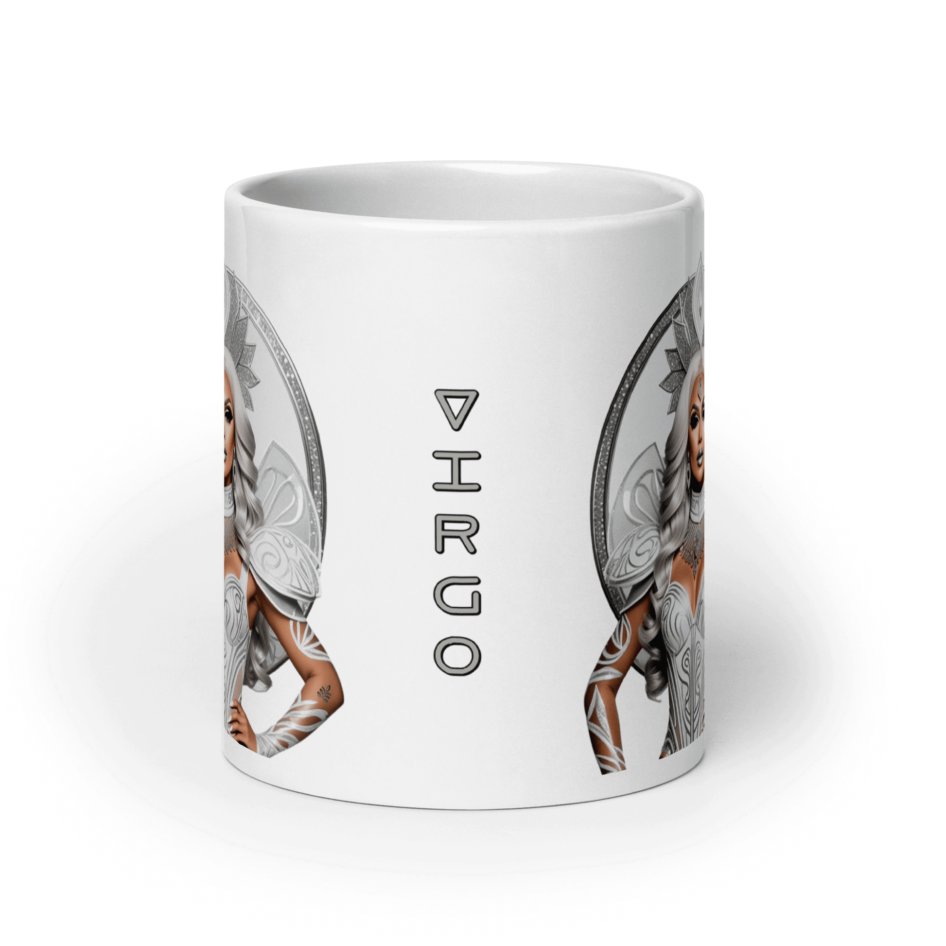 Haus Of Zodiac Mug | Siren Maidan (Virgo) featuring an artistic design of Virgo on a glossy ceramic surface.