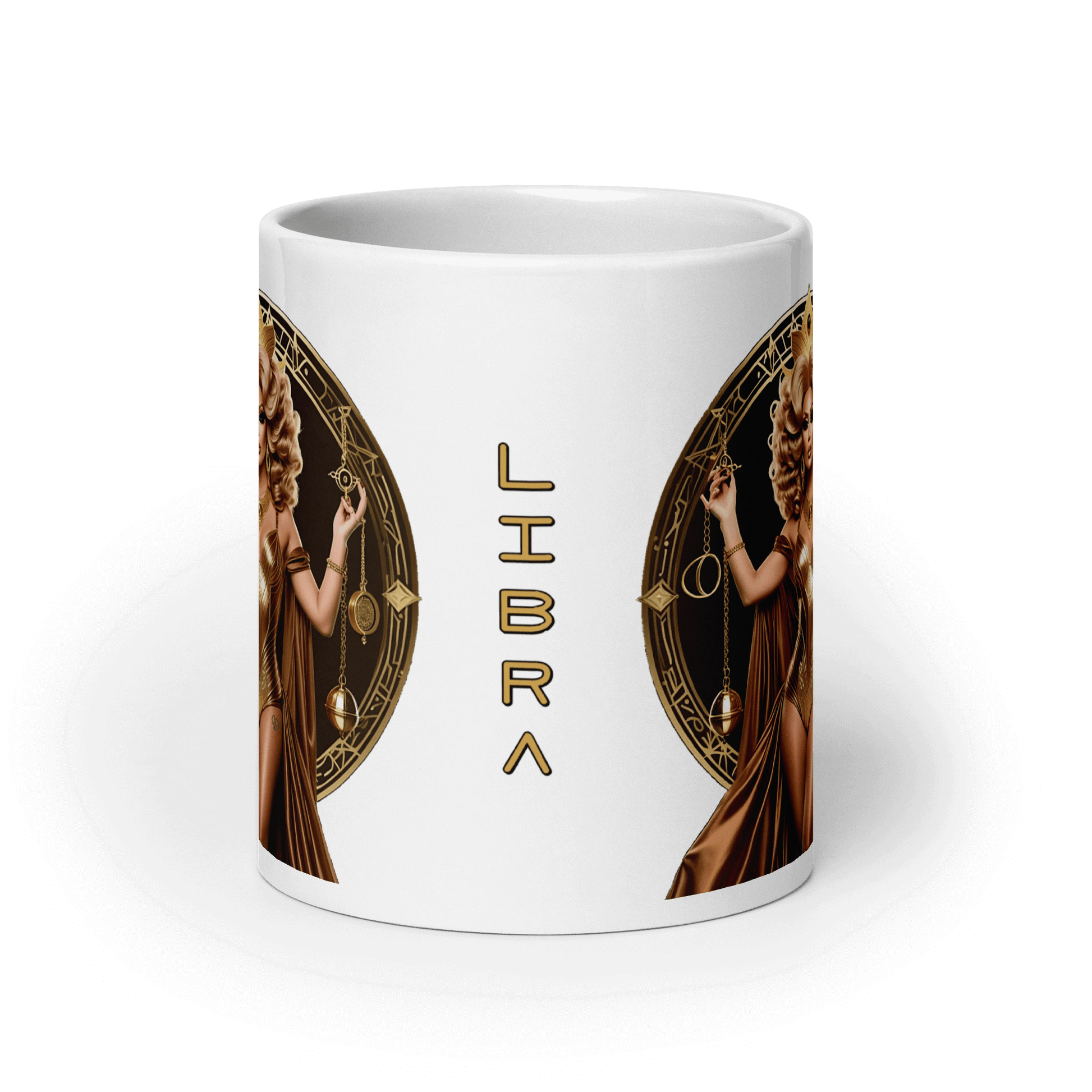 Haus Of Zodiac Mug | Justica Devine (Libra) featuring a detailed Libra design and gold accents.