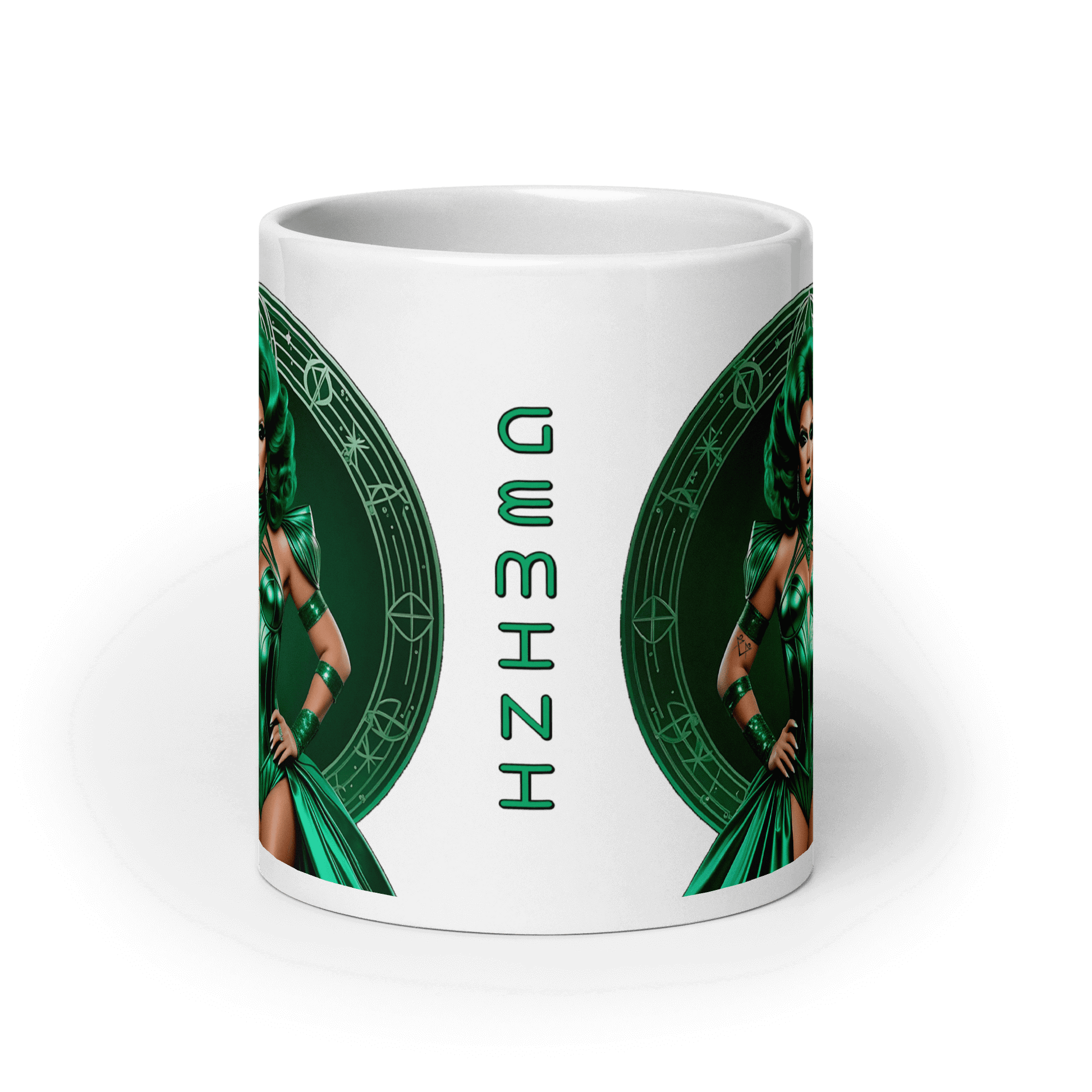 Haus Of Zodiac Mug | Duality Diva (Gemini) featuring vibrant design with the word 'GEMINI' on glossy ceramic.