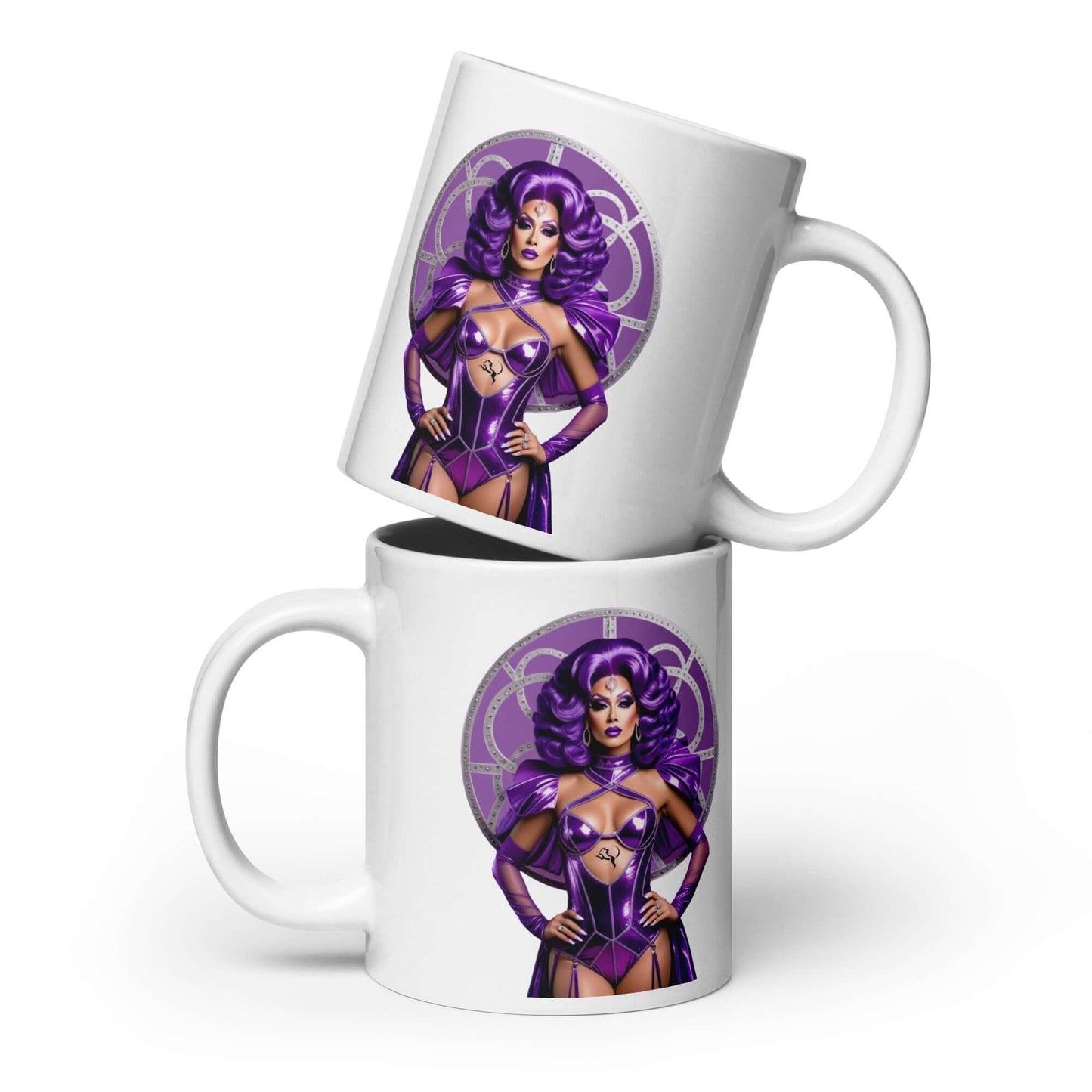 Haus Of Zodiac Mug | Leona Lux (Leo) featuring a vivid print of a character in purple attire.