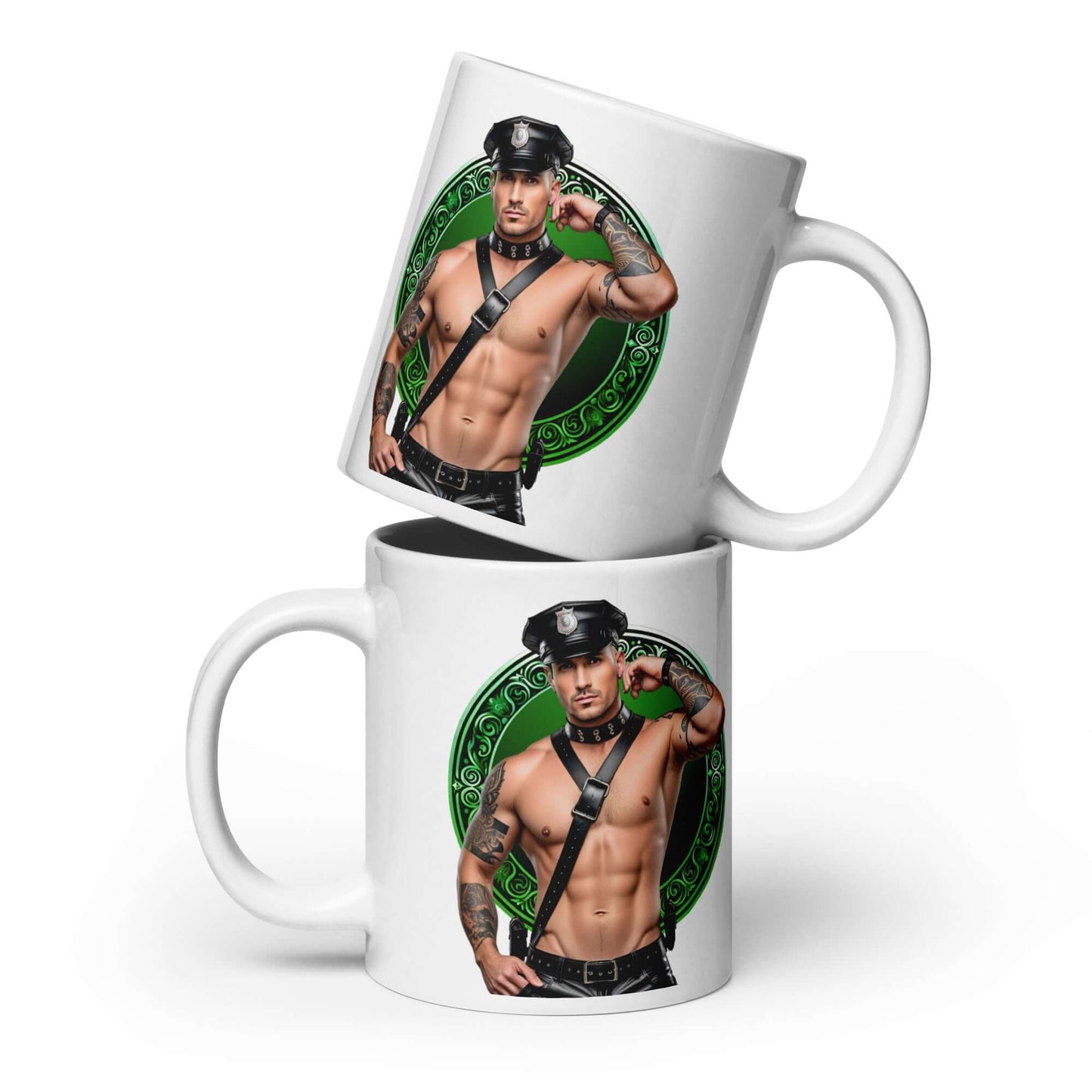 Haus Of Zodiac Mug | Leatherman Griffin (Virgo) featuring a muscular model with a police cap and harness design.