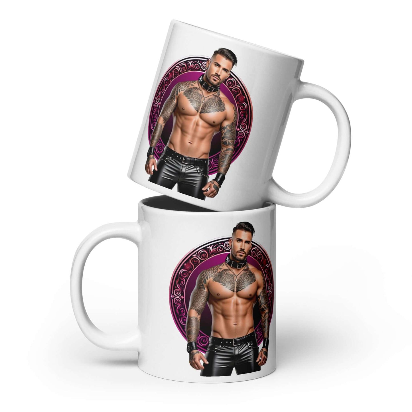 Haus Of Zodiac Mug | Leatherman Bronson (Taurus) featuring a muscular man with tattoos in front of a decorative background.