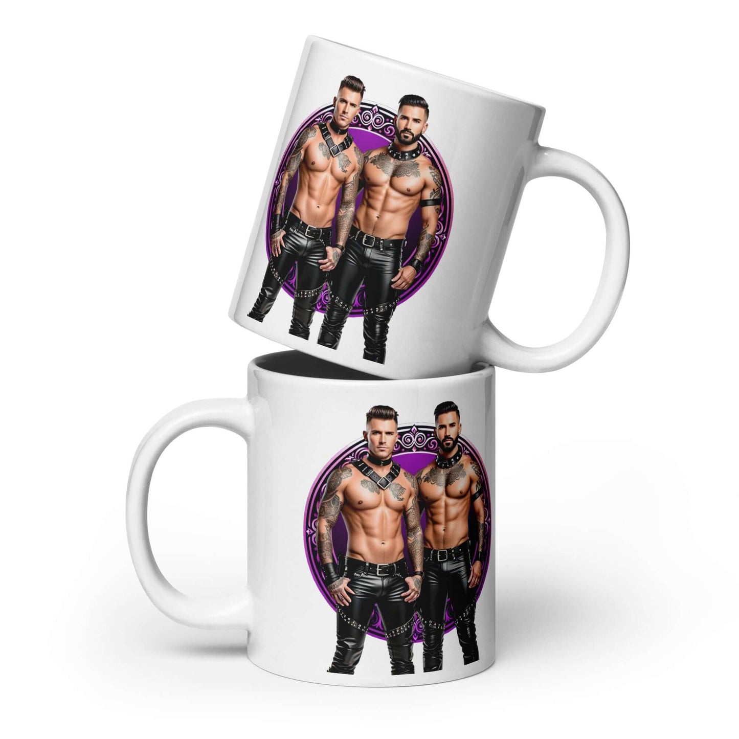 Haus Of Zodiac Mug | Leathermen Indigo & Koi (Pisces) featuring two muscular tattooed men in a circular design.