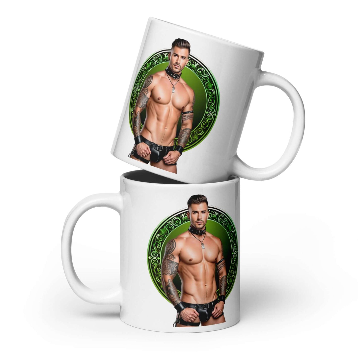 Haus Of Zodiac Mug | Leatherman Pierce (Libra) featuring a muscular man with tattoos on a glossy ceramic design.